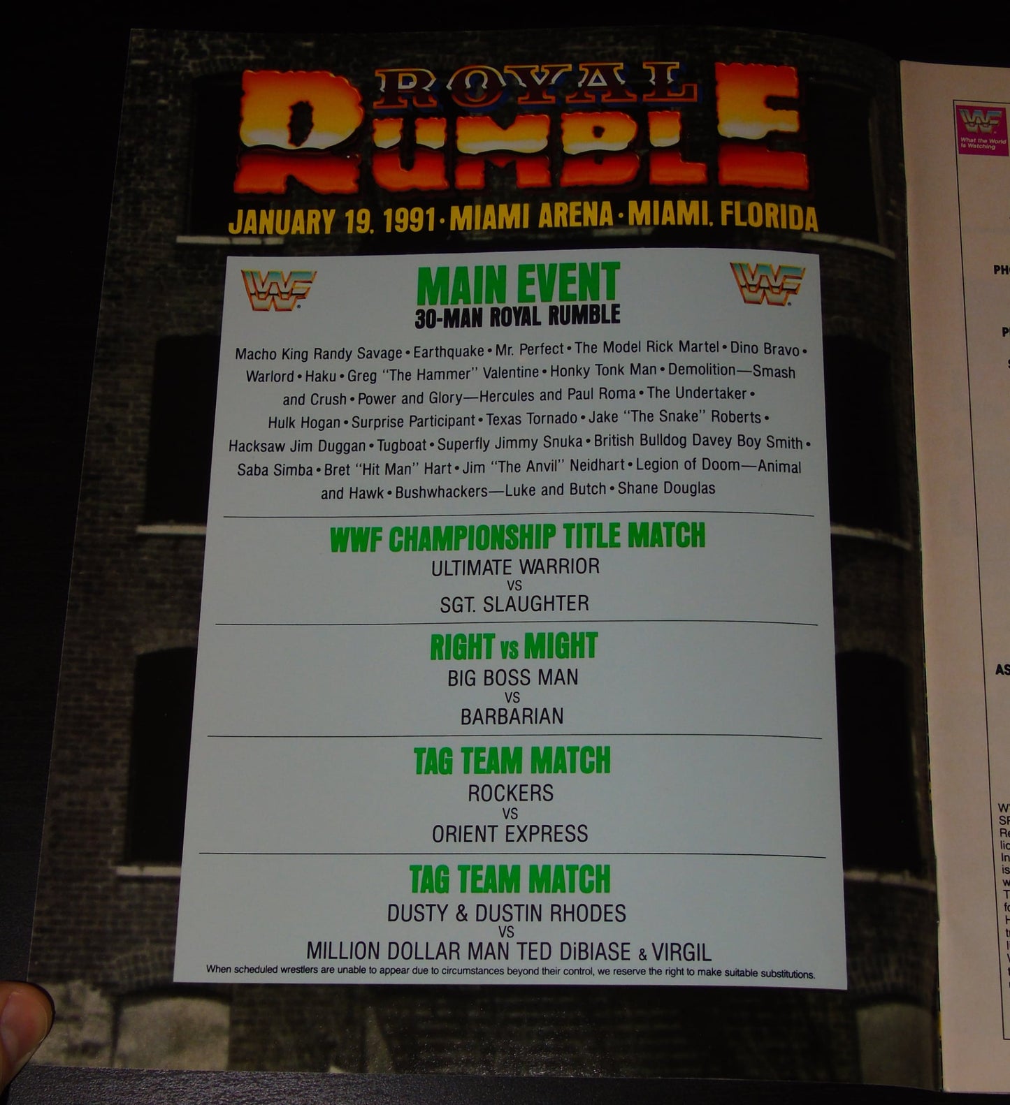 WWF ROYAL RUMBLE 1991 SOUVENIR EDITION PROGRAM