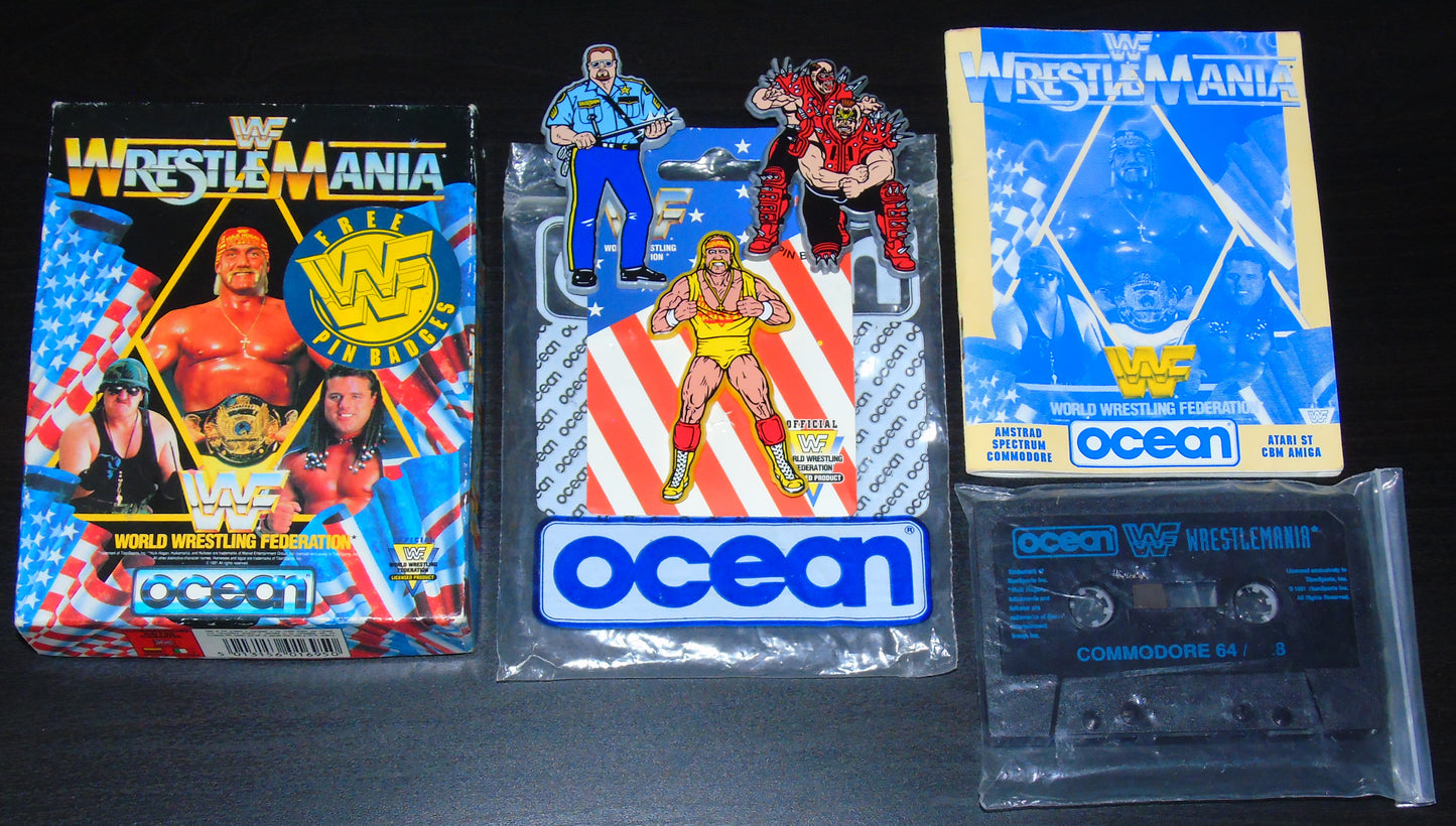 WWF WRESTLING WRESTLEMANIA C64 GAME WITH OFFICIAL PIN BADGE BROOCH SET