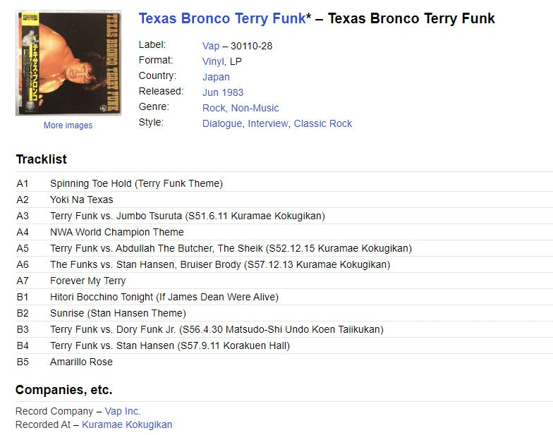 Texas Bronco Terry Funk Japanese Vinyl Record LP With Signed Photo