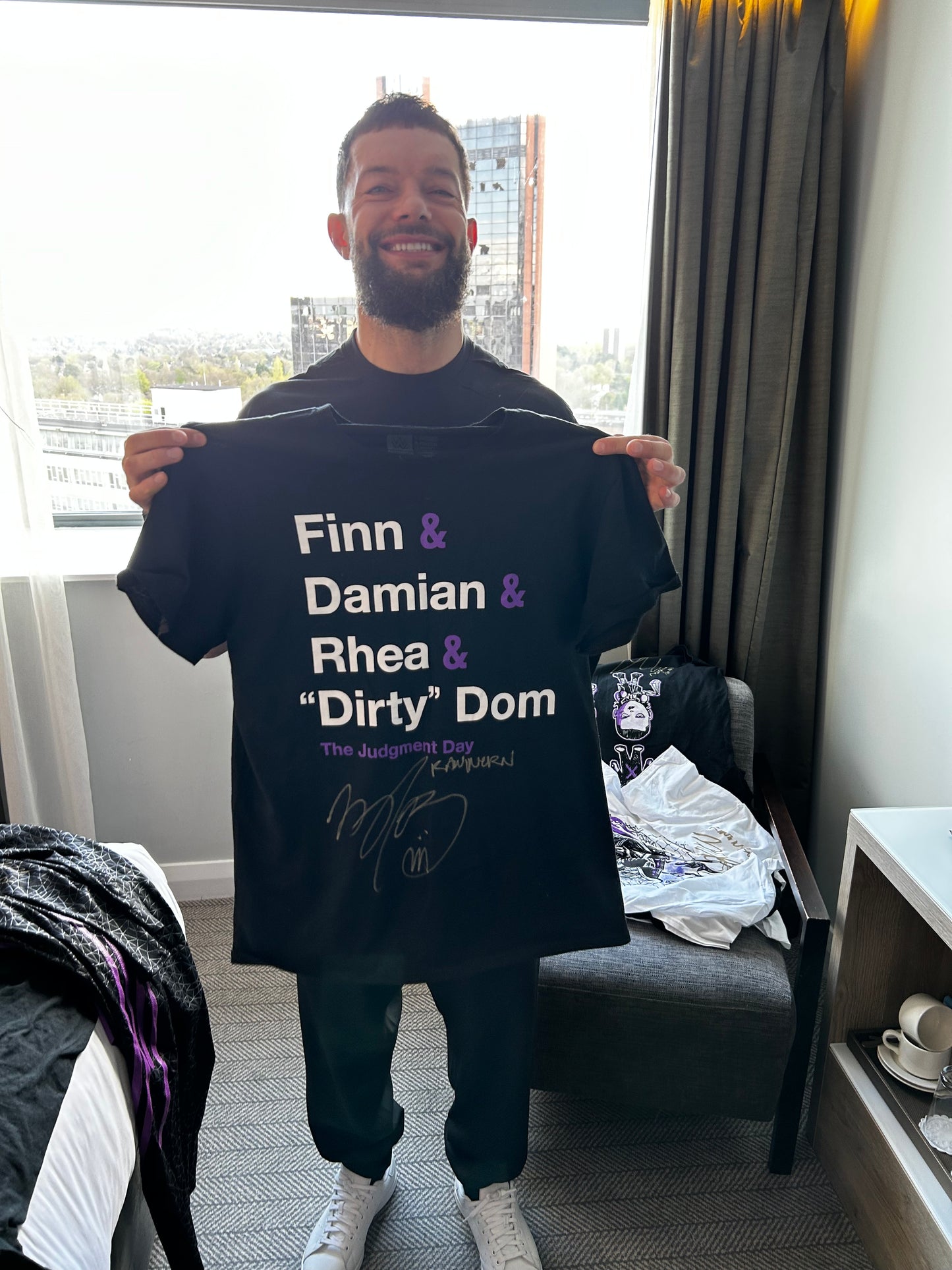 Finn Balor Signed & Ring Worn WWE Wrestling Finn & Damian & Rhea & "Dirty" Dom T-Shirt