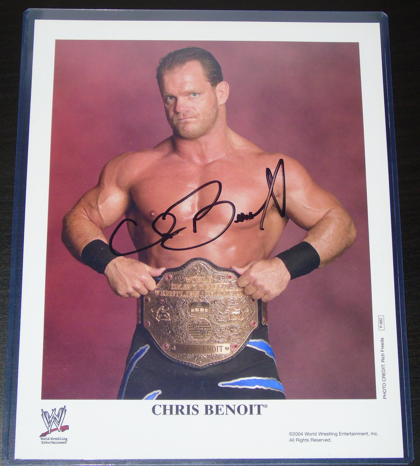 CHRIS BENOIT SIGNED WWE WRESTLING WORLD HEAVYWEIGHT CHAMPION PROMO PHOTO P-882