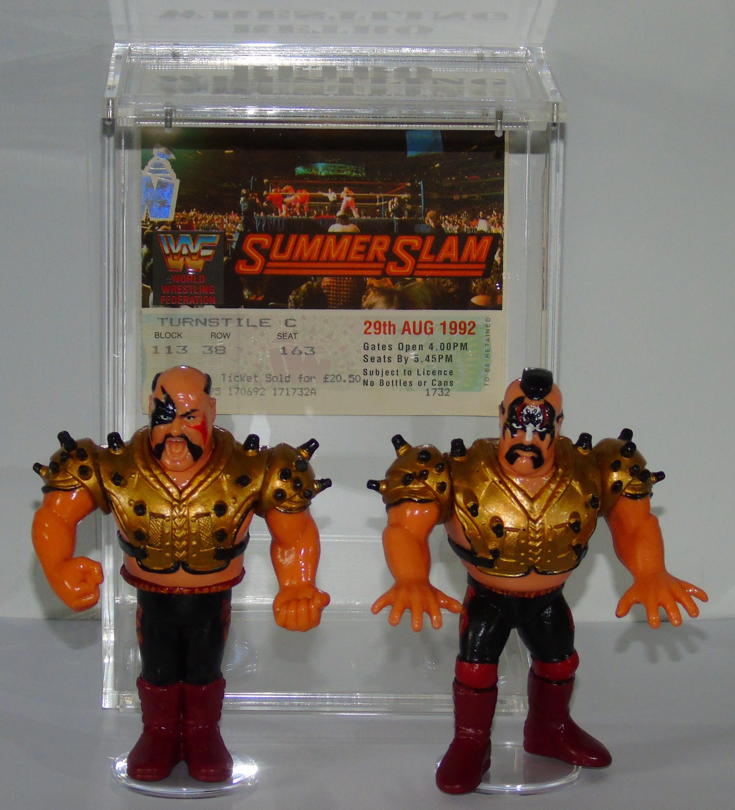 THE LEGION OF DOOM HAWK & ANIMAL WWF SUMMERSLAM 1992 CUSTOM HASBRO FIGURES AND EVENT TICKET STUB