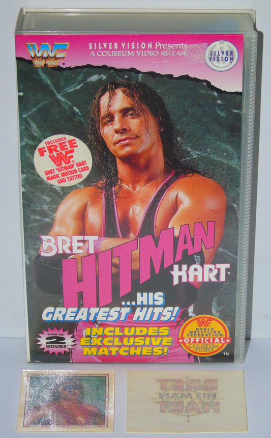 WWF WRESTLING BRET HITMAN HART HIS GREATEST HITS 1993 SILVER VISION VHS VIDEO CASSETTE TAPE WITH MAGIC MOTION CARD & TATTOO