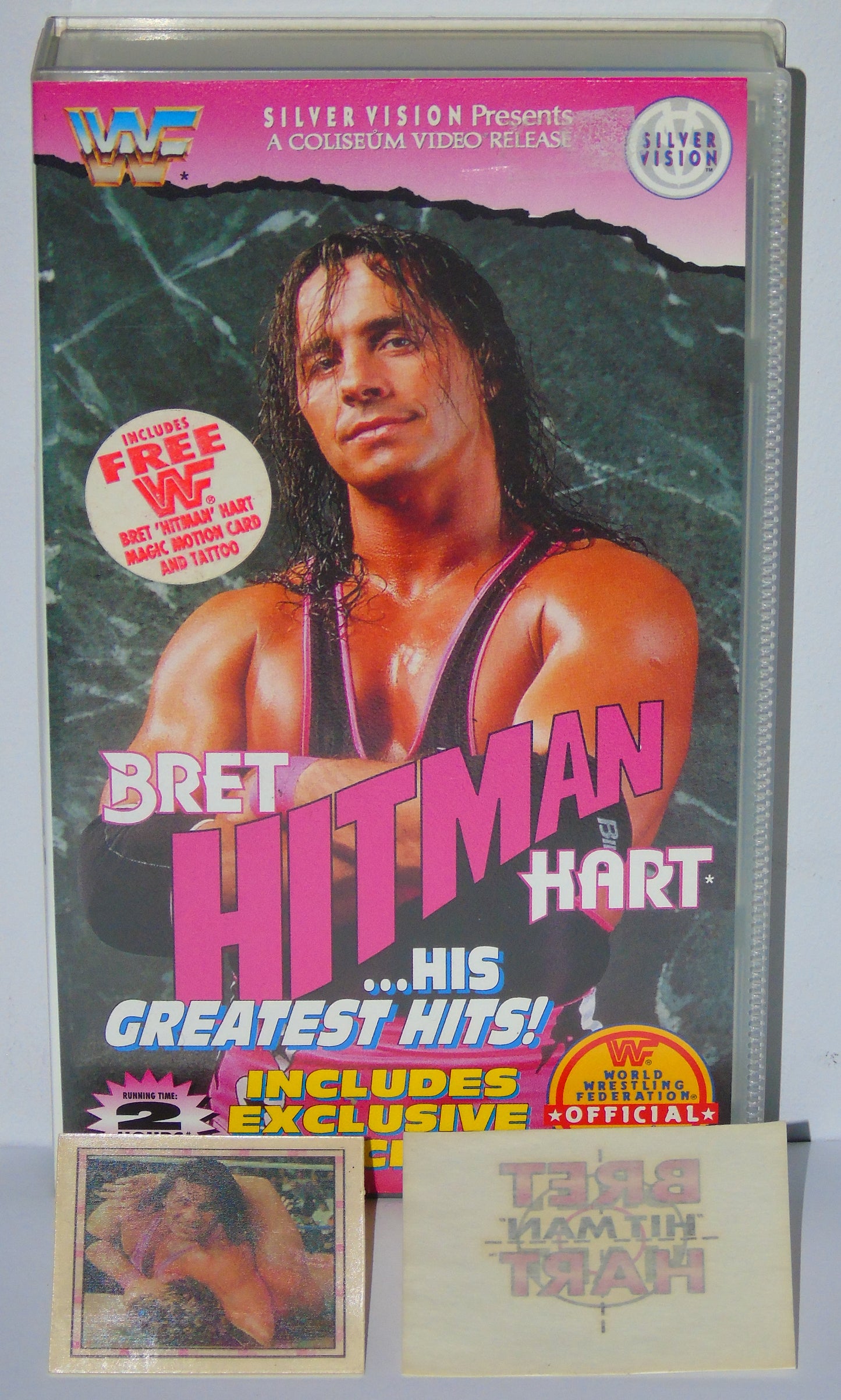 WWF WRESTLING BRET HITMAN HART HIS GREATEST HITS 1993 SILVER VISION VHS VIDEO CASSETTE TAPE WITH MAGIC MOTION CARD & TATTOO