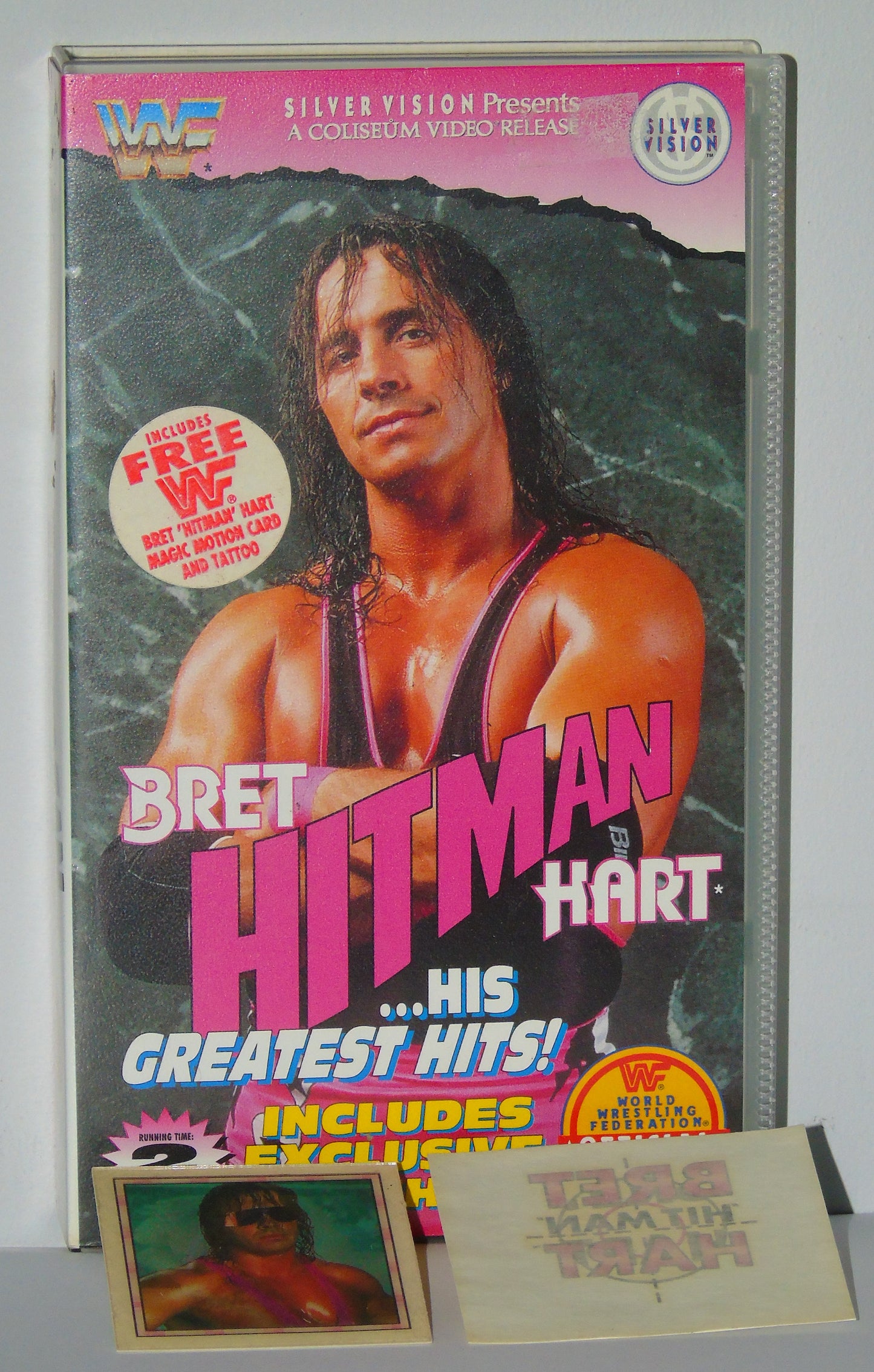 WWF WRESTLING BRET HITMAN HART HIS GREATEST HITS 1993 SILVER VISION VHS VIDEO CASSETTE TAPE WITH MAGIC MOTION CARD & TATTOO