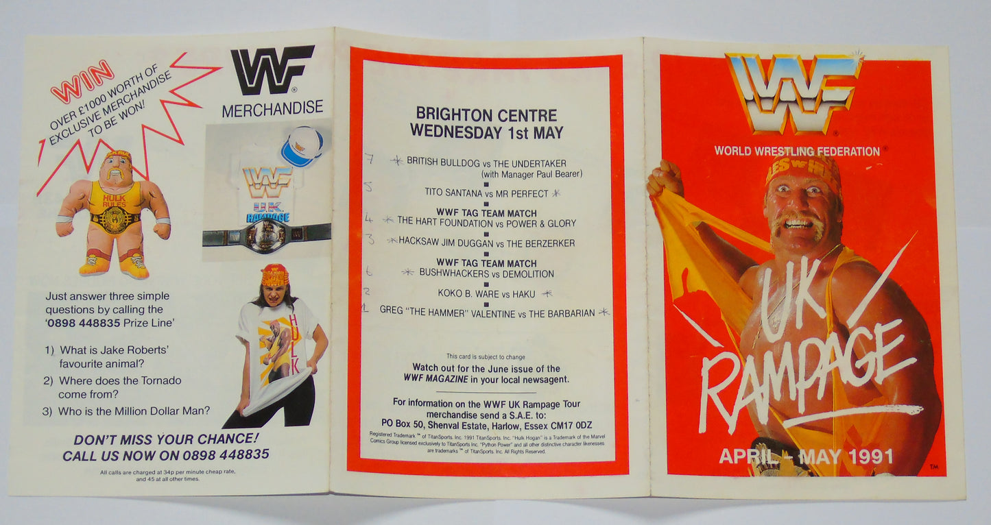 WWF Wrestling UK Rampage Tour 1991 Official Event Program With Match Card