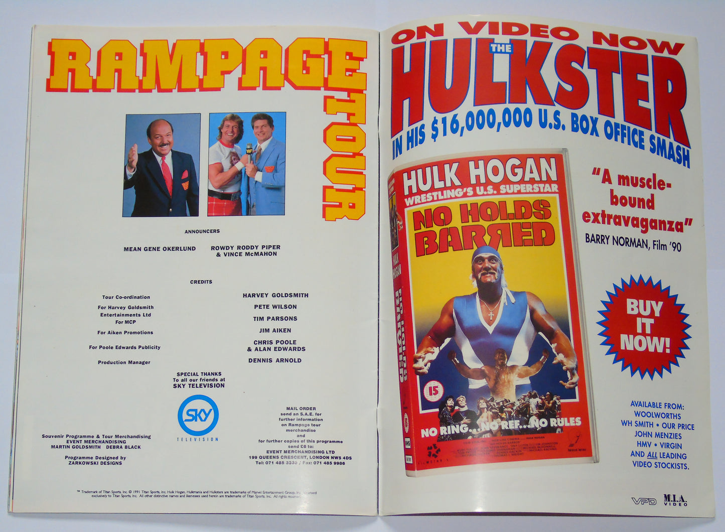 WWF Wrestling UK Rampage Tour 1991 Official Event Program With Match Card
